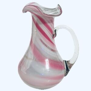 Vintage Pink and White Swirl Handblown Glass Pitcher